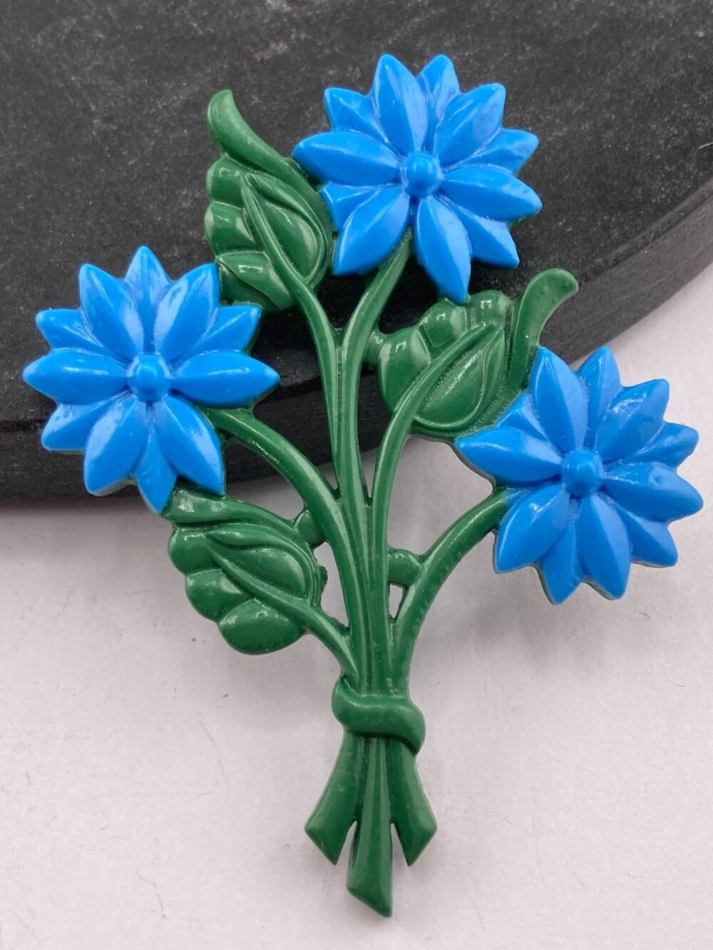 BIG VINTAGE Blue and green molded plastic flower bouquet brooch ~ c. 1960s pin